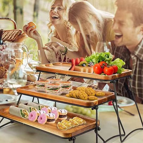 Etagere aus Massivholz, Snackständer, mehrstufiges Picknickregal, dreistöckiges Retro-Tablett, Holzmaserung (1/5)