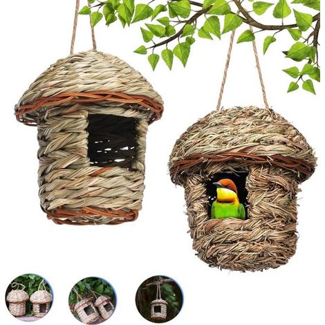 2 pièces - Nid d'oiseau - Pochette à nid - Nichoir - Paille - Nid d'oiseau - Nichoir - Décoration de jardin - Nid d'oiseau tissé à la main - Nichoir d'extérieur en paille tressée et rotin - Nid pour o (1/5)