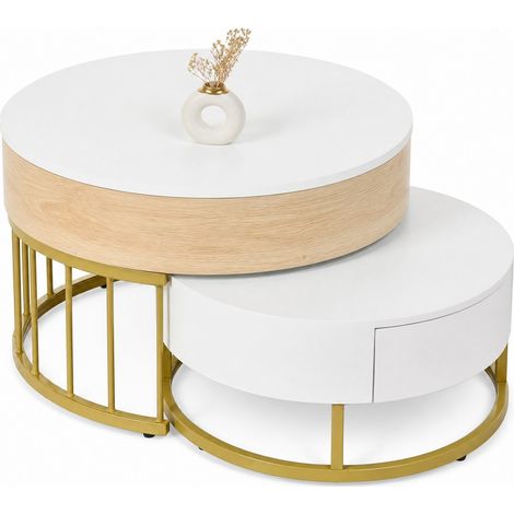 Table basse ronde gigogne relevable avec tiroir, effet bois blanc, piètement métal doré, MDF, pour petit salon multifonction  CHICFURN (1/5)