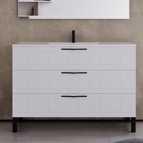 Meuble de salle de bain 120cm simple vasque - 3 tiroirs - sans miroir - blanc - CALA (1/5)