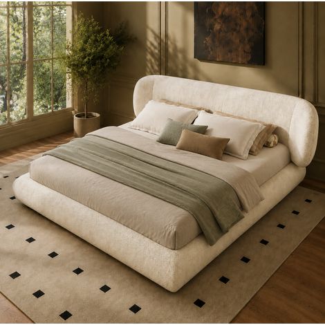 Lit adulte 180x200 cm rembourré en chenille avec tête de lit, sommier à lattes, bords arrondis, beige (1/5)