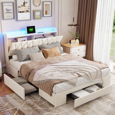 Letto 140x190 cm con cassetti, letto matrimoniale con 4 cassetti, striscia luminosa a LED integrata e porta di ricarica USB, 2 posti, design, velluto, beige (1/5)