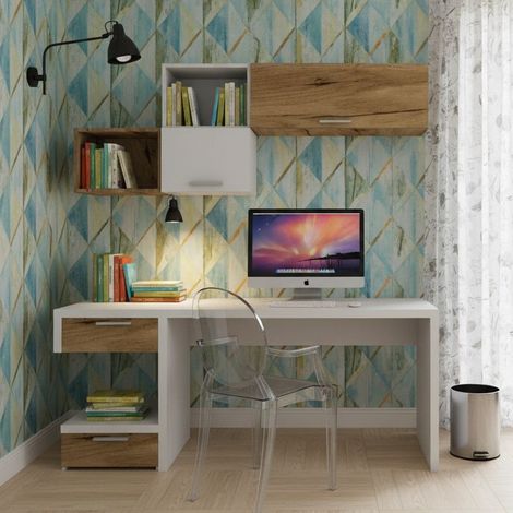 Angolo studio moderno con cassettiera sfalsata per cameretta - Bianco e Quercia