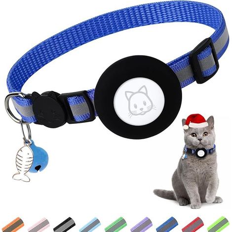 Collier réfléchissant pour chat en forme d'arête de poisson - Positionnement avec manchon en silicone Airtag（Bleu）