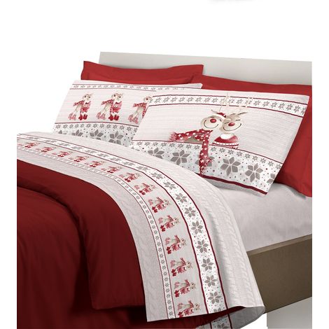 Completo letto Lenzuolo Sotto Con Angoli 100% caldo cotone + Lenzuolo Sopra + Federe Linea Renna Singolo - Rosso