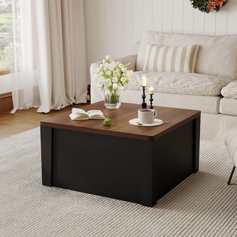 Table basse carrée avec dessus relevable 31.5" – Double plateau à charnière et vérin à gaz – Espace de rangement caché – Idéale pour salon – Noyer noir (1/5)