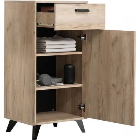 Flurkommode Sezzadio, eine Schublade, 2 Regale, eine Tür, 53,5x35x100,5h cm Eiche Braun
