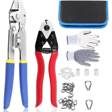 Lot de 83 outils de sertissage de câbles jusqu'à 2,2 mm, coupe-câble, manchons en aluminium et cosses de câble en acier inoxydable avec gants anti-coupe (bleu) (1/5)