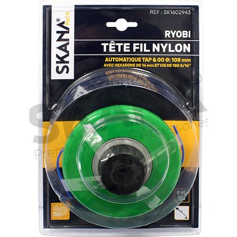 Cabeza de hilo de nylon de desenrollado automático con 2 hilos para desbrozadoras Ryobi. Montaje en hexágono de 16 mm, botón con tornillo