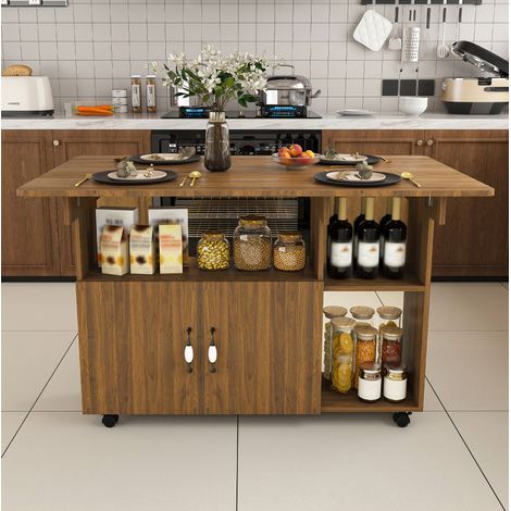 Mesa de comedor plegable con ruedas 110x70x80 cm MDF efecto nogal con 5 estantes OKWISH (1/5)