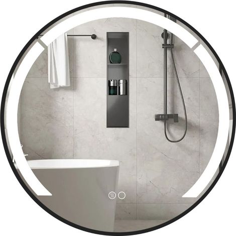 Miroir de salle de bain rond 60 x 3,5 cm fonction anti-buée élégance minimaliste en aluminium noir