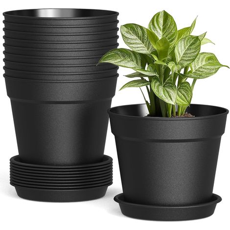 10Pcs Pot de Fleur Noir de 16cm en Plastique, Pot de Terre avec aux Jardins, Balcon Extérieurs Intérieurs (1/5)