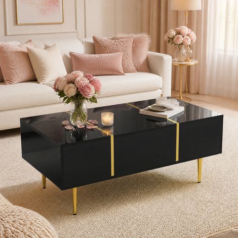 Mesa de centro negra brillante 100 x 60 x 41,5 cm con 2 cajones en MDF y metal DESVIAE (1/5)