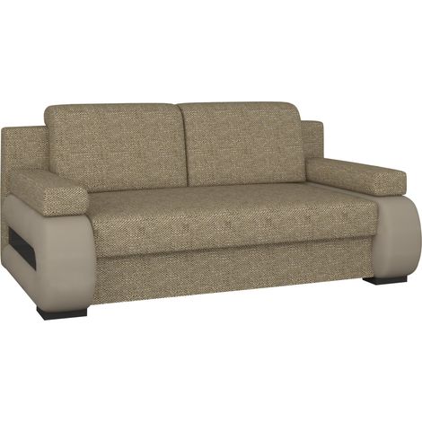 Canapé convertible 2 places tissu beige chiné et simili cuir beige clair Korina 202cm (1/5)