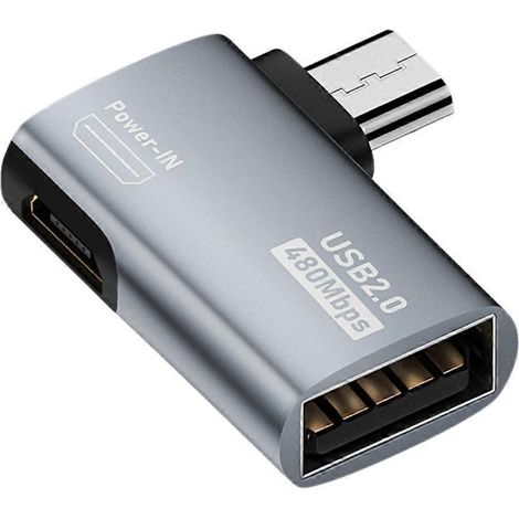 Adaptateur câble OTG 4K avec alimentation micro-USB vers USB et conception coudée. Compatible avec tablettes et téléviseurs (côté droit). (1/5)
