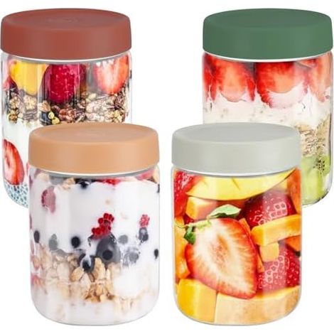 4 pezzi, barattoli da 600 ml per avena overnight, adatti al microonde per la preparazione dei pasti, conservazione e marinatura, vasetti di vetro multiuso con coperchi per conservare l'avena overnight (1/5)