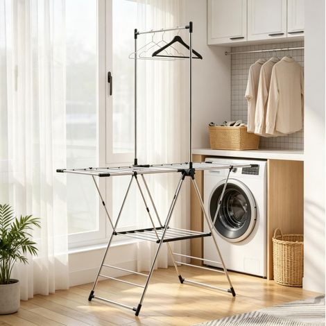 Stendibiancheria pieghevole 139 x 62,5 x 201 cm in acciaio inox argentato - CHICFURN (1/5)