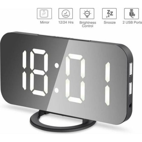 Réveil LED 6.5" - Double Ports USB - Noir + Blanc (1/3)