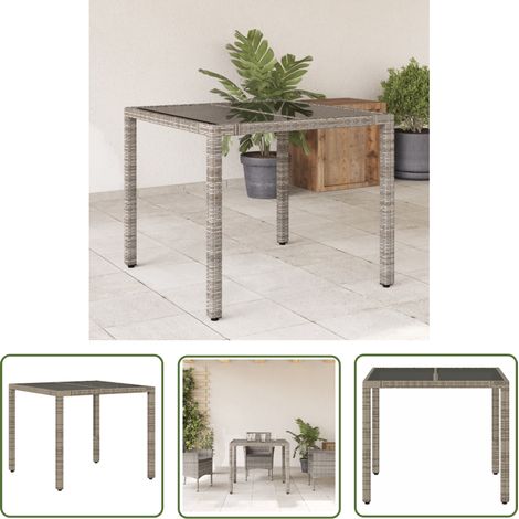 The Living Store Gartentisch mit Glasplatte Grau 90x90x75 cm Poly Rattan - Gartentisch - Esstisch - Terrassenmöbel - Outdoor Tisch - Gartenmöbel (1/5)