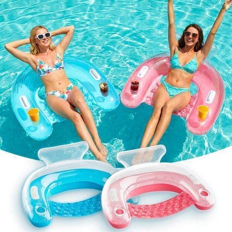 EcoFurnix Set of 2 Inflatable Pool Chairs, 119 x 86 cm Inflatable Loungers for Adults with Cup Holders & Handle, Transparent Model (1/5)