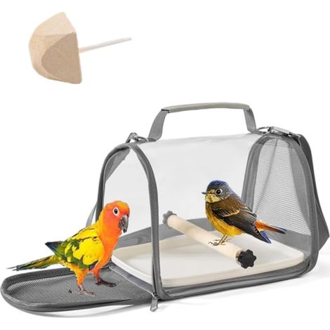 Vogeltransporttasche – 1 Stück – Nylon und Netzgewebe – Sichtfenster – Papageien-Reisetasche – 19,5 x 26 x 19 cm, Grau (1/5)