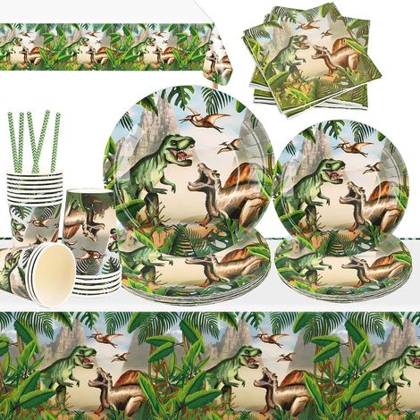 Vaisselle Anniversaire Dino Pièce Vaisselle de Fête Decoration Anniversaire Dinosaure Vaisselle de Fête Dino Papier Pailles Serviettes Party Assiettes pour Enfants (1/5)