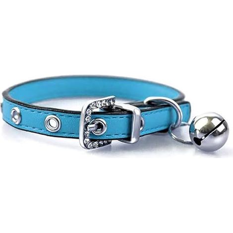 Collier Réglable en Cuir Doux avec Clochette - Collier Chat pour Chat, Chaton, Chiot, Petit Chien(17cm-22cm) - Bleu Clair (1/5)
