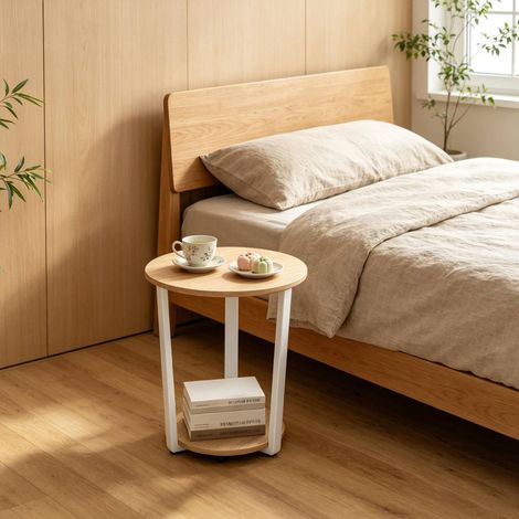 Tavolino rotondo 50x50x53 cm bianco e rovere chiaro in metallo e legno con 2 ripiani (1/4)