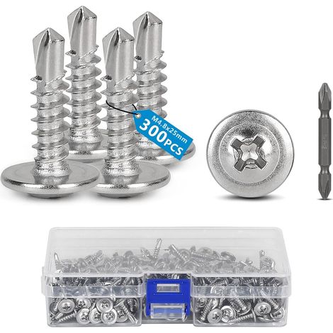 300 pcs Vis autoforeuse metal M4,8 x 25mm Vis à tête ronde autoperceuse avec forets Auto-perceuses pour métal Empreinte PH/Cruciforme pour metal, tôle dacier aluminium bois (1/5)