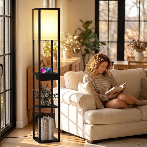 Lampadaire Étagère USB, Lampe sur Pied en Bois avec Tiroir, Noir 3 Étagères, 2 Ports de Charge USB, 1 Tiroir de Rangement, Ampoule Incluse, Éclairage Intérieur de Salon Chambre Bureau (1/5)
