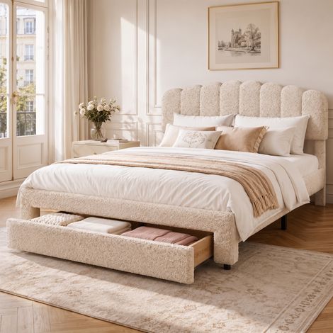 Cama de matrimonio 160x200 cm con cajón de almacenaje y puertos de carga USB y Type-C, tela de lino, somier de láminas, cabecero ajustable, Beige (1/5)