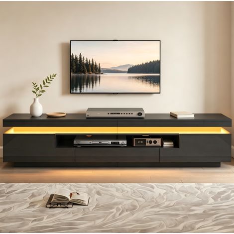 Mueble TV 175x38x45 cm negro de tablero de partículas con LED y 2 armarios (1/5)