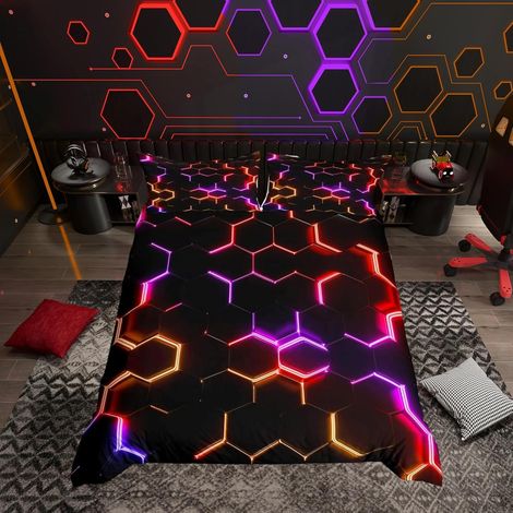 Parure de lit 2 pièces avec housse de couette 135 x 200 cm avec fermeture éclair Motif nid d'abeille hexagonal Motif ruche Rouge/violet et noir Pour enfant garçon adolescent (1/5)