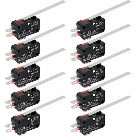 Lot de 10 micro-interrupteurs de fin de course à levier à charnière SPDT 1NO 1NC, interrupteurs momentanés à levier long, 3 broches pour Arduino longziming (1/5)