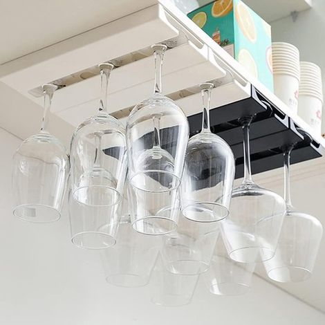 Porte-verres à vin suspendu – Lot de 2 – Installation sous meuble – Porte-verres inversé peu encombrant – Pour verres à vin et champagne – Noir