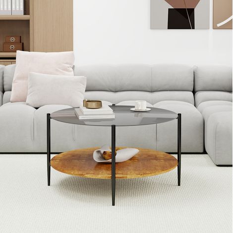 Couchtisch rund aus schwarzem Hartglas und Holz, 82 x 45 cm, 2 Ebenen (1/5)