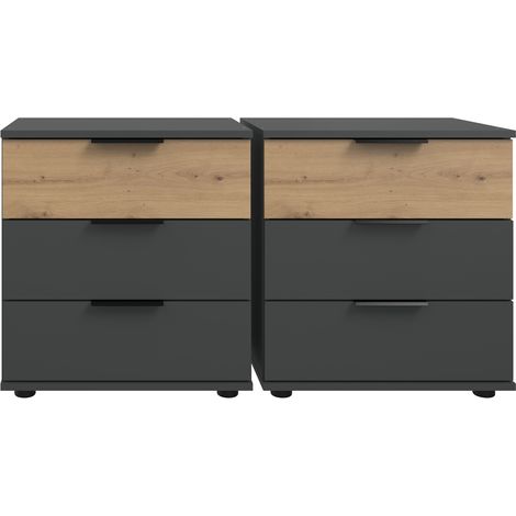 Schlafzimmer Nachtschrank Nachttisch, 2er Set, auch für Boxspringbetten geeignet, in graphit mit Artisan Eiche Nb. GRANADA-43, B/H/T je ca. 52/58/38 cm (1/3)