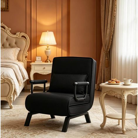Sillón cama 65x78x75 cm negro en lino y metal convertible 3 en 1 con respaldo ajustable (1/5)