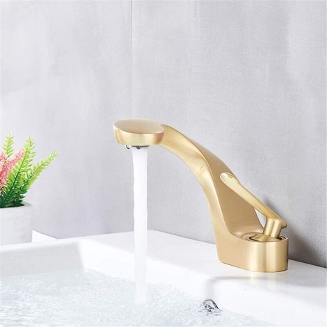 Grifo de baño moderno de un solo orificio, grifo de lavabo de acero inoxidable, acabado en latón cepillado, dorado cepillado
