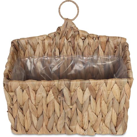 Relaxdays Maceta colgante de agua, hierbas, plantas, HBT 29 x 28 x 15 cm, cesta trenzada, forro, anillo, natural