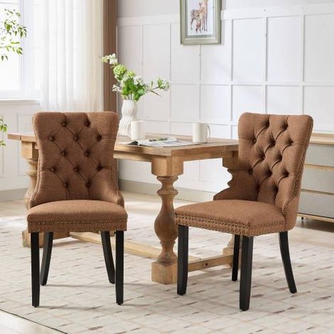 Juego de 2 sillas - Estilo escandinavo - Madera maciza de alta calidad - Tejido de lino - Patas de madera, decoración de remaches - Marrón café (1/5)