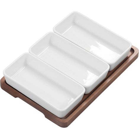 Plateau de service à apéritifs en céramique segmentée, composé de longs plats à biscuits, noix, pain et desserts, avec palettes en bambou. (1/5)