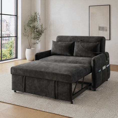 Canapé-lit 2 places convertible avec dossier réglable 3 positions, ports USB, support téléphone, poches latérales, tissu chenille gris, CHICFURN (1/5)