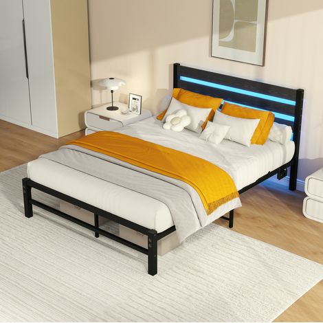 Cama 140x200 cm con cabecero, estructura metálica, LED RGB y carga USB, negra HAVRYA (1/5)