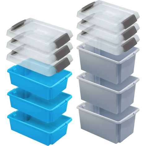 BRB Lot de 6 boîtes à empiler pivotantes avec transp. Couvercle Alimentaire 595 x 395 mm, 3 x Bleu 30 l, 3 x Gris - 51 l