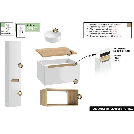 Ensemble complet de salle de bain - Meuble - Armoires - Cube - Vasque à poser avec Siphon OFFERT OPRA 60 x 30 x 45 cm (1/5)