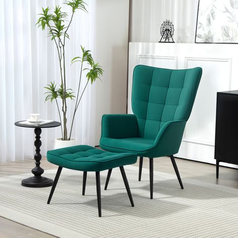 Fauteuil relax avec repose-pieds assorti style scandinave piètement métal noir revêtement aspect velours - Vert