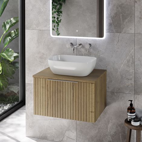 Helix 460 Fluted Autumn Oak 600mm Wall Mounted 1 Drawer Vanity Unit for Countertop Basins