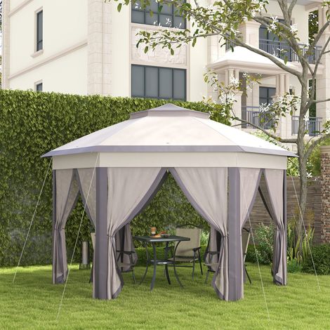Outsunny Pavillon 4x4m Wasserdicht Pop-up sechseckiger Faltpavillon, Doppeldach, Gartenpavillon mit 6 Seitenteilen, Partyzelt inkl. Tragetasche, für Garten, Terrasse, Festival, Kaffee+Beige