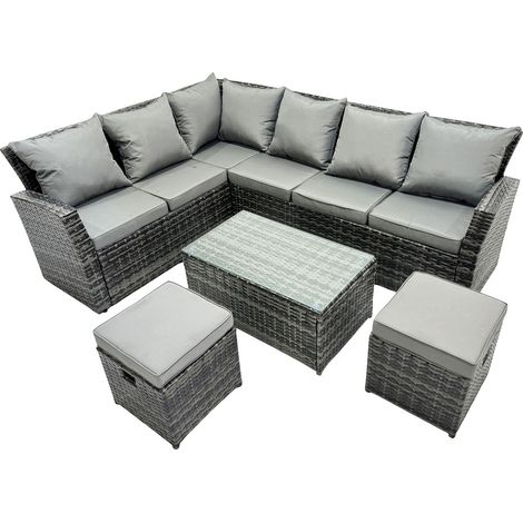 Fimous 8 Sitzer Hoher Rücken Rattan Gartenmöbel-Set Ecksofa mit Länger Couchtisch Hocker (1/5)